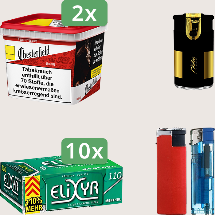 Chesterfield Original Red 2 x 245 g Sparpaket mit 1.100 Energy+ Hülsen und Feuerzeugset