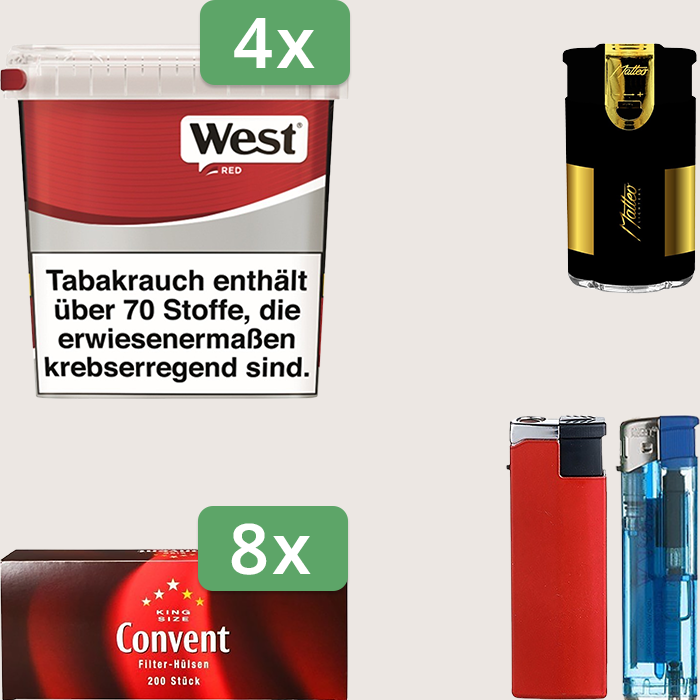West Red 4 x 170 g Sparpaket mit 1.600 Convent Hülsen und Feuerzeugset