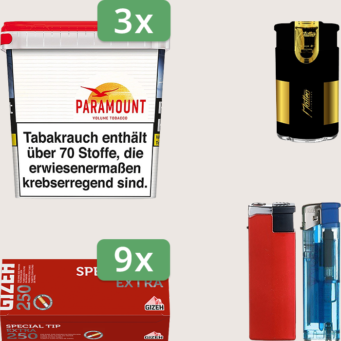 Paramount 3 x 315 g Sparpaket mit 2.250 Gizeh Special Tip Extra Hülsen und Feuerzeugset