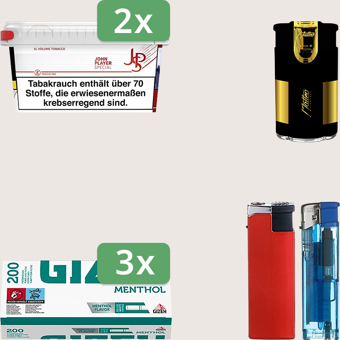 JPS Red 2 x 105 g Sparpaket mit 600 Gizeh Menthol Hülsen und Feuerzeugset