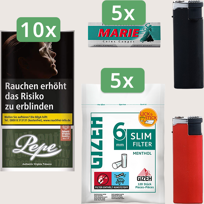 Pepe Dark Green 10 x 30 g Sparpaket mit 500 Marie Blättchen und 600 Gizeh Slim Filter Menthol