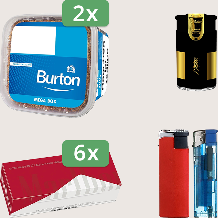 Burton Blue 2 x 270 g Sparpaket mit 1.200 Marlboro Red Hülsen und Feuerzeugset