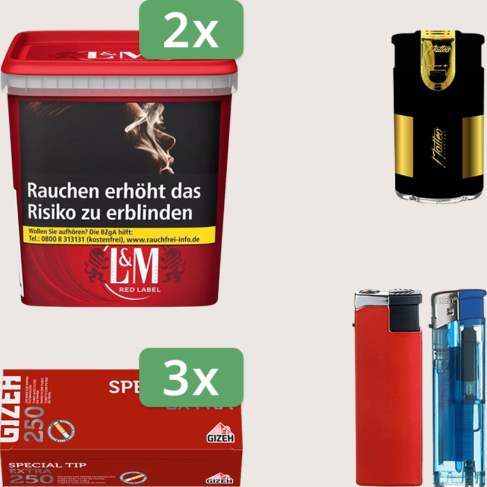 L&M Red 2 x 185 g Sparpaket mit 750 Gizeh Special Tip Extra Hülsen und Feuerzeugset