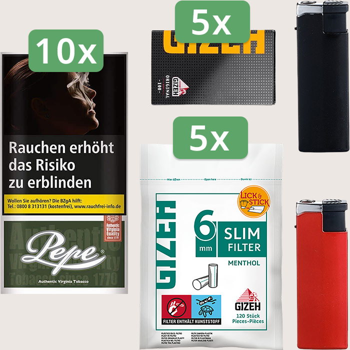 Pepe Dark Green 10 x 30 g Sparpaket mit 500 Gizeh Black Original Magnet Blättchen und 600 Gizeh Slim Filter Menthol