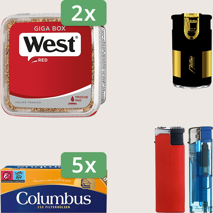 West Red 2 x 280 g Sparpaket mit 1.250 Columbus Hülsen und Feuerzeugset