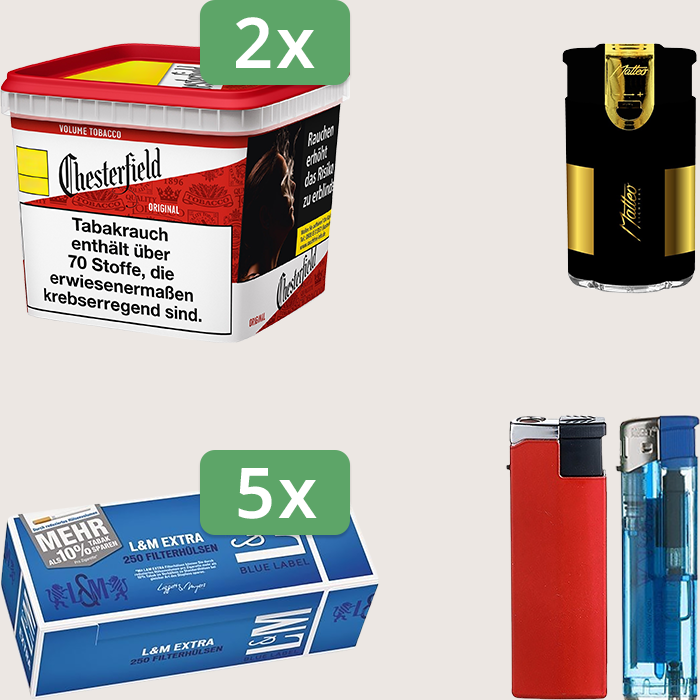Chesterfield Original Red 2 x 245 g Sparpaket mit 1.250 L&M Extra Blue Label Hülsen und Feuerzeugset