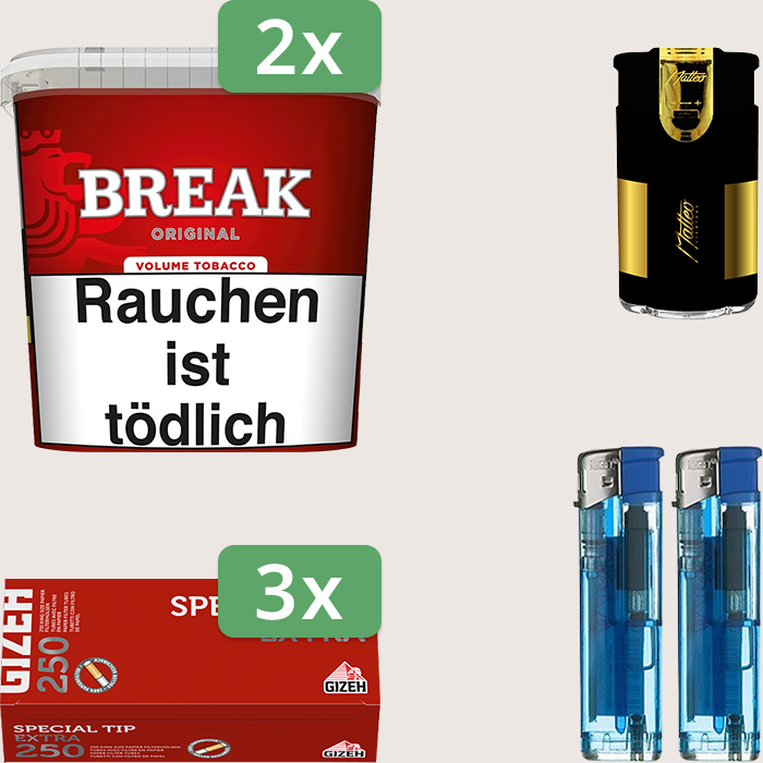 Break Original 2 x 185 g Sparpaket mit 750 Gizeh Special Tip Extra Hülsen und Feuerzeugset