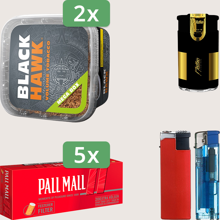 Black Hawk 2 x 230 g Sparpaket mit 1.000 Pall Mall Red Xtra Hülsen und Feuerzeugset