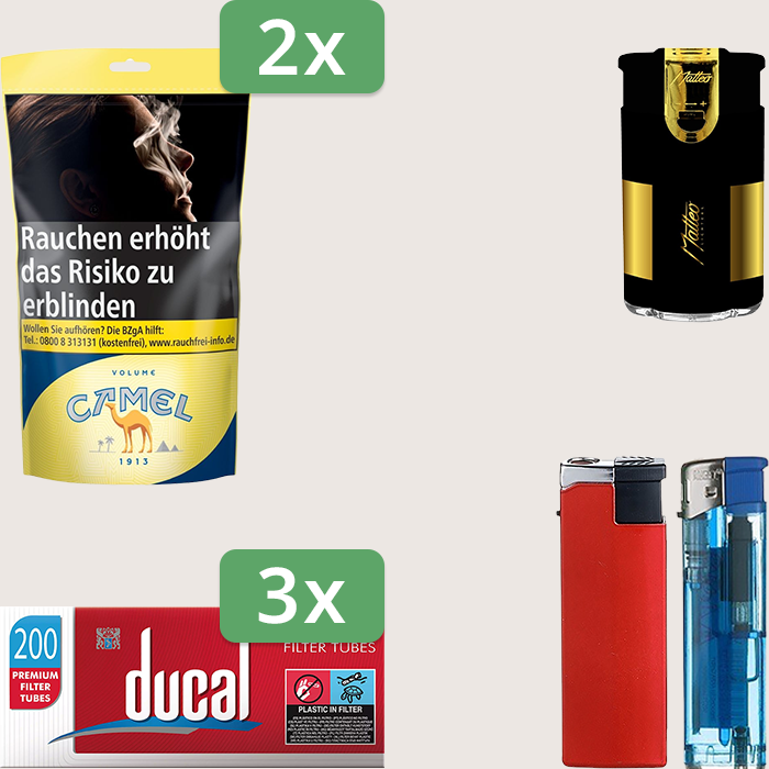 Camel Yellow 2 x 102 g Sparpaket mit 600 Ducal Hülsen und Feuerzeugset