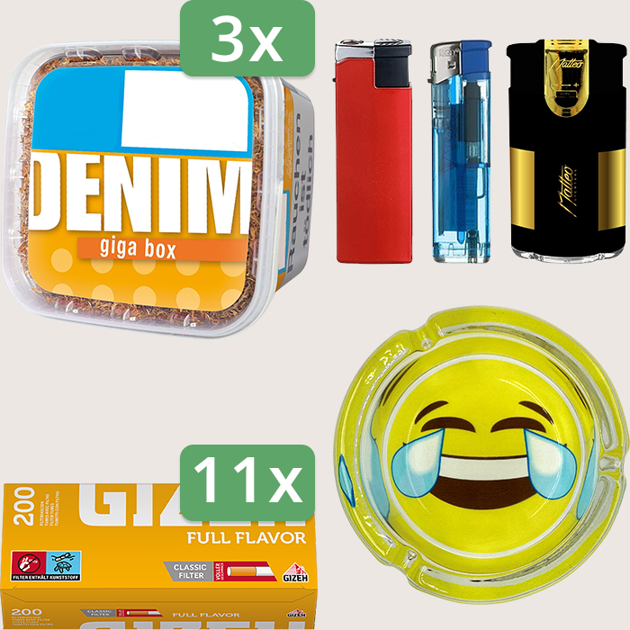 Denim Classic 3 x 315 g Sparpaket mit 2.200 Gizeh Full Flavor Hülsen und Aschenbecher
