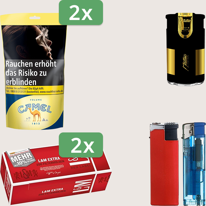 Camel Yellow 2 x 102 g Sparpaket mit 500 L&M Extra Red Label Hülsen und Feuerzeugset