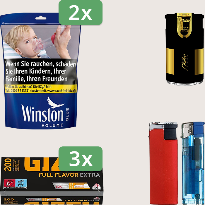 Winston Blue 2 x 105 g Sparpaket mit 600 Gizeh Full Flavor Extra Hülsen und Feuerzeugset