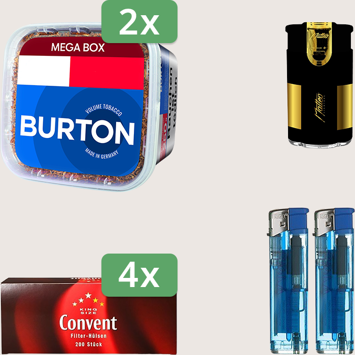 Burton Blue 2 x 250 g Sparpaket mit 800 Convent Hülsen und Feuerzeugset