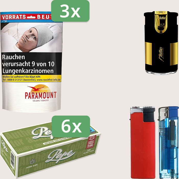 Paramount 3 x 170 g Sparpaket mit 1.200 Pepe Hülsen und Feuerzeugset