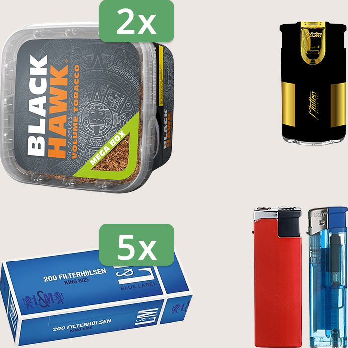 Black Hawk 2 x 230 g Sparpaket mit 1.000 L&M Blue Label Hülsen und Feuerzeugset