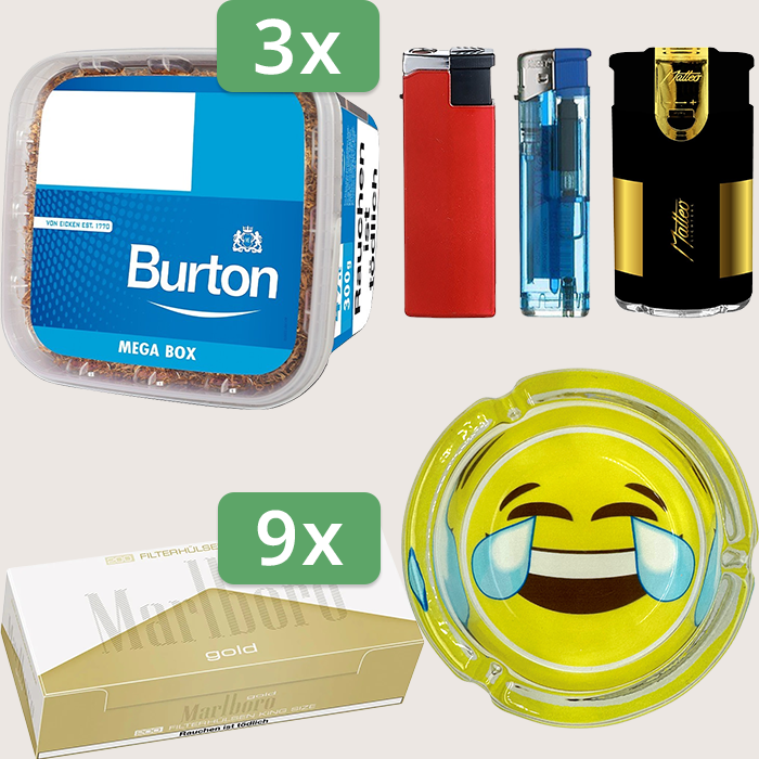 Burton Blue 3 x 250 g Sparpaket mit 1.800 Marlboro Gold Hülsen, Aschenbecher und Feuerzeugset