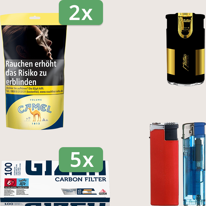 Camel Yellow 2 x 102 g Sparpaket mit 500 Gizeh Carbon Hülsen und Feuerzeugset