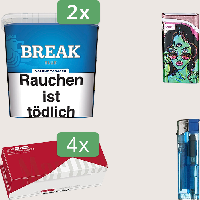 Break Blue 2 x 215 g mit Marlboro Red Extra 250er Hülsen und Sturmfeuerzeug