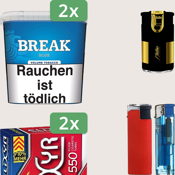 Break Blue 2 x 195 g Sparpaket mit 1.100 Elixyr Hülsen und Feuerzeugset