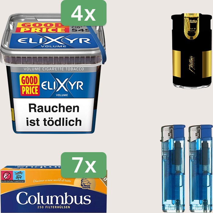 Elixyr Volume Blue 4 x 245 g Sparpaket mit 1.750 Columbus Hülsen und Feuerzeugset Elixyr Volume Blue 4 x 245 g Sparpaket mit 1.750 Columbus Hülsen und Feuerzeugset