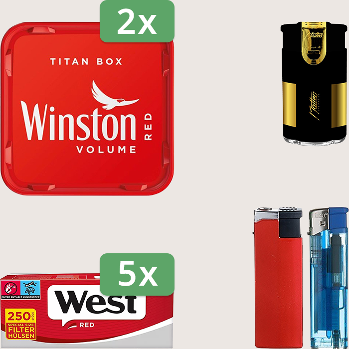 Winston Red 2 x 270 g Sparpaket mit 1.250 West Red Special Hülsen und Feuerzeugset