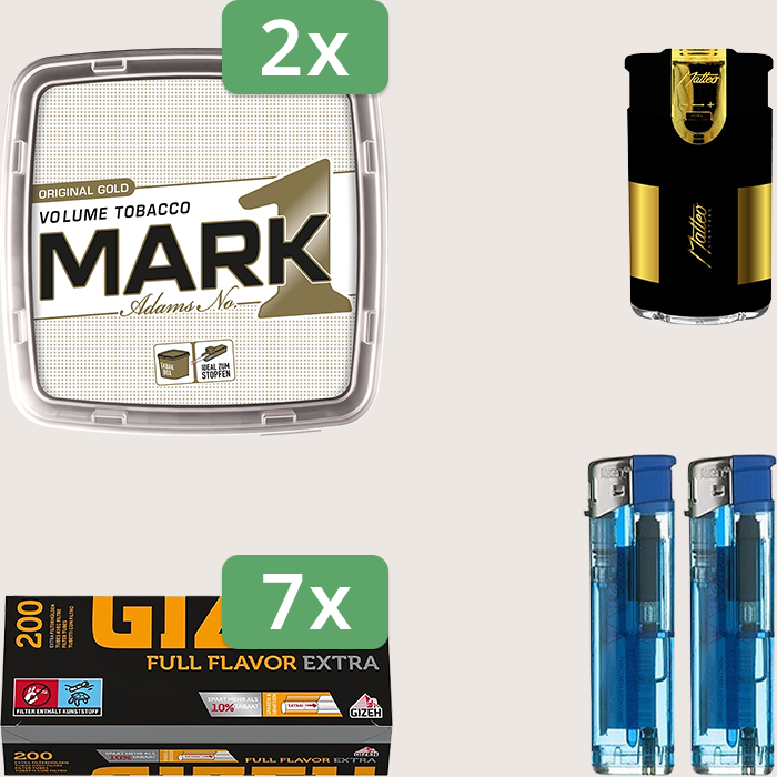 Mark 1 Gold 2 x 400 g Sparpaket mit 1.400 Gizeh Full Flavor Hülsen und Feuerzeugset Mark 1 Gold 2 x 400 g Sparpaket mit 1.400 Gizeh Full Flavor Hülsen und Feuerzeugset