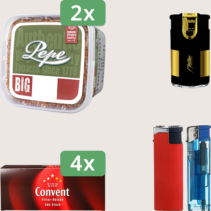 Pepe Rich Green 2 x 170 g Sparpaket mit 800 Convent Hülsen und Feuerzeugset
