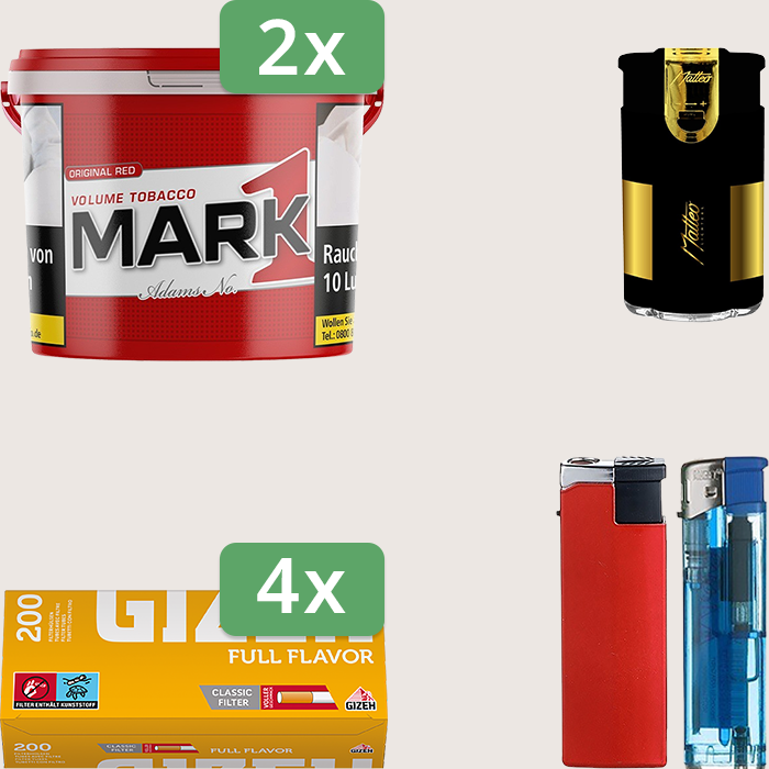 Mark 1 - 2 x 190 g Sparpaket mit 800 Gizeh Full Flavor Hülsen und Feuerzeugset