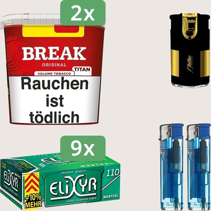 Break Original 2 x 300 g Sparpaket mit 990 Elixyr Energy Plus Menthol Hülsen und Feuerzeugset