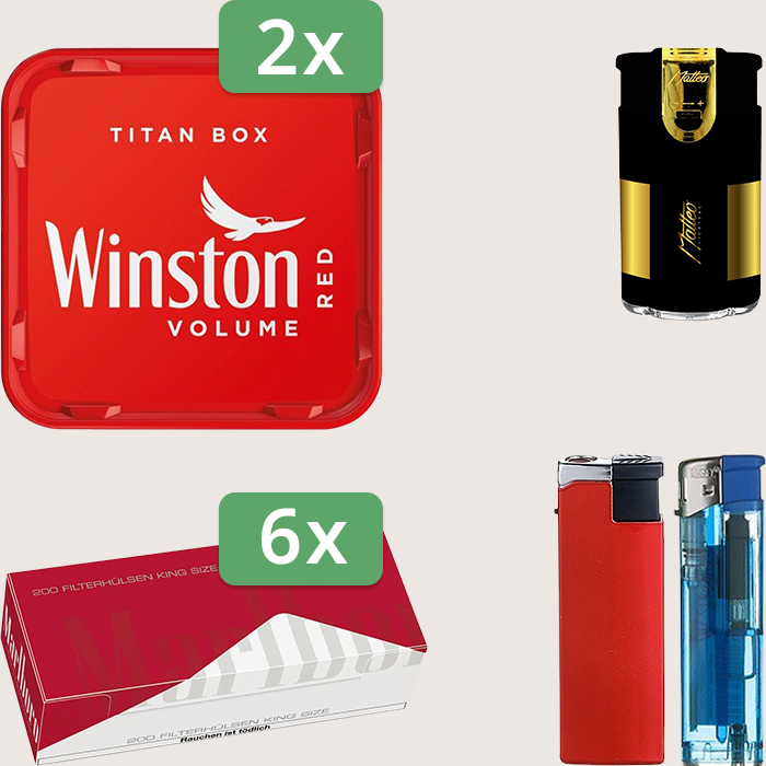 Winston Red 2 x 270 g Sparpaket mit 1.200 Marlboro Red Hülsen und Feuerzeugset
