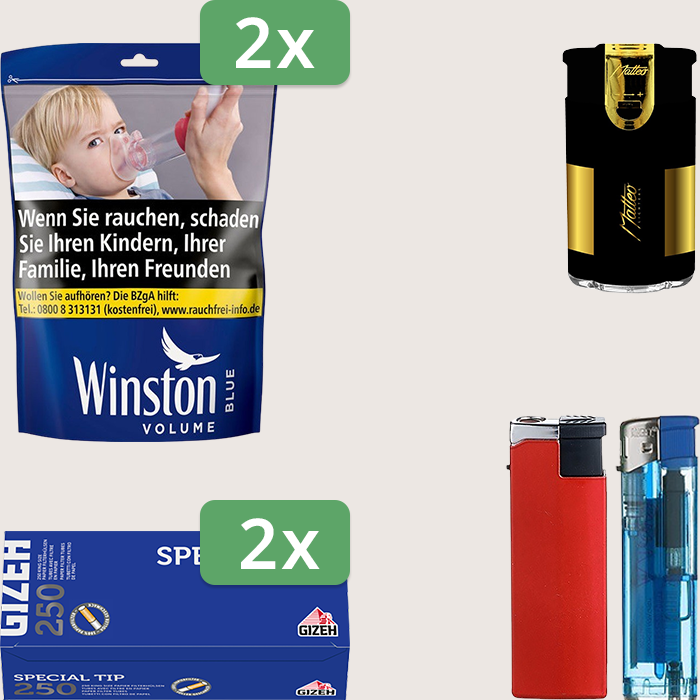 Winston Blue 2 x 105 g Sparpaket mit 500 Gizeh Special Tip Hülsen und Feuerzeugset