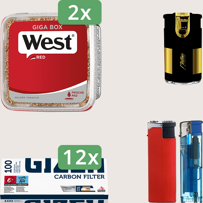 West Red 2 x 280 g Sparpaket mit 1.200 Gizeh Carbon Hülsen und Feuerzeugset