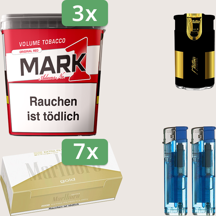 Mark 1 Original Red 3 x 320 g Sparpaket mit 1.750 Marlboro Gold Extra Hülsen und Feuerzeugset