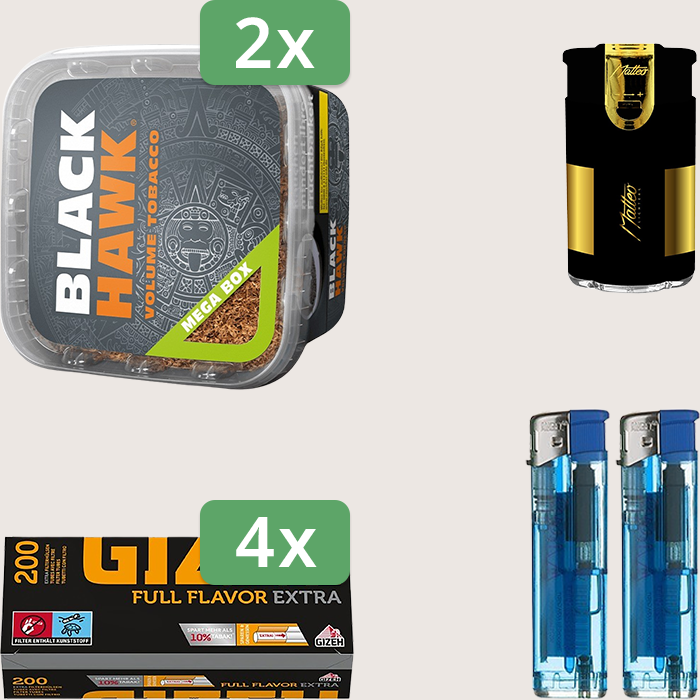 Black Hawk 2 x 230 g Sparpaket mit 800 Gizeh Full Flavor Extra Hülsen und Feuerzeugset