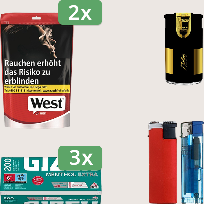 West Red 2 x 137 g Sparpaket mit 600 Gizeh Menthol Extra Hülsen und Feuerzeugset