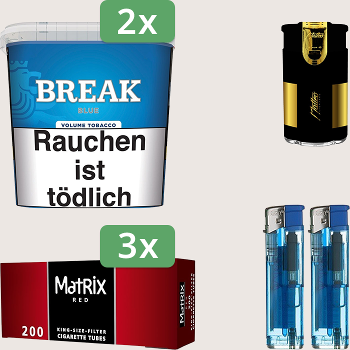 Break Blue 2 x 185 g Sparpaket mit 600 Matrix Red Hülsen und Feuerzeugset