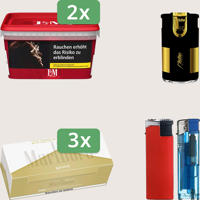 L&M Red 2 x 129 g Sparpaket mit 750 Marlboro Gold Extra Hülsen und Feuerzeugset