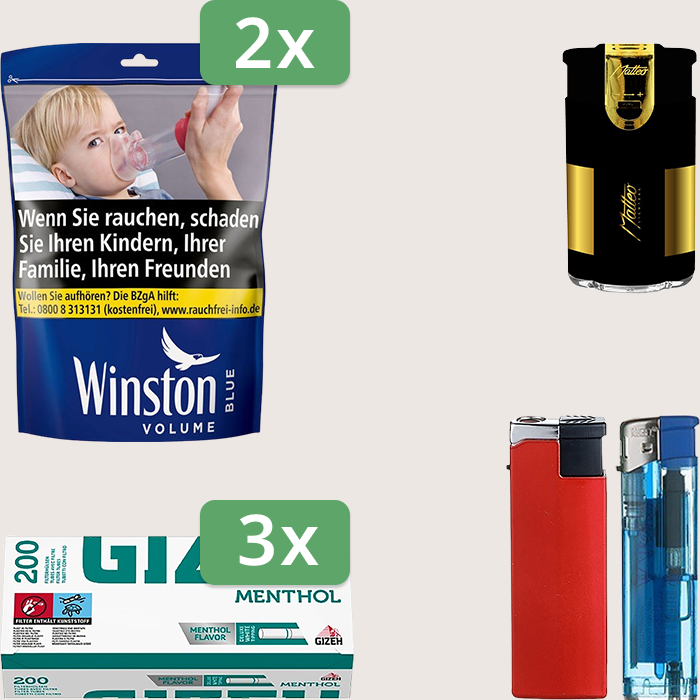 Winston Blue 2 x 105 g Sparpaket mit 600 Gizeh Menthol Hülsen und Feuerzeugset
