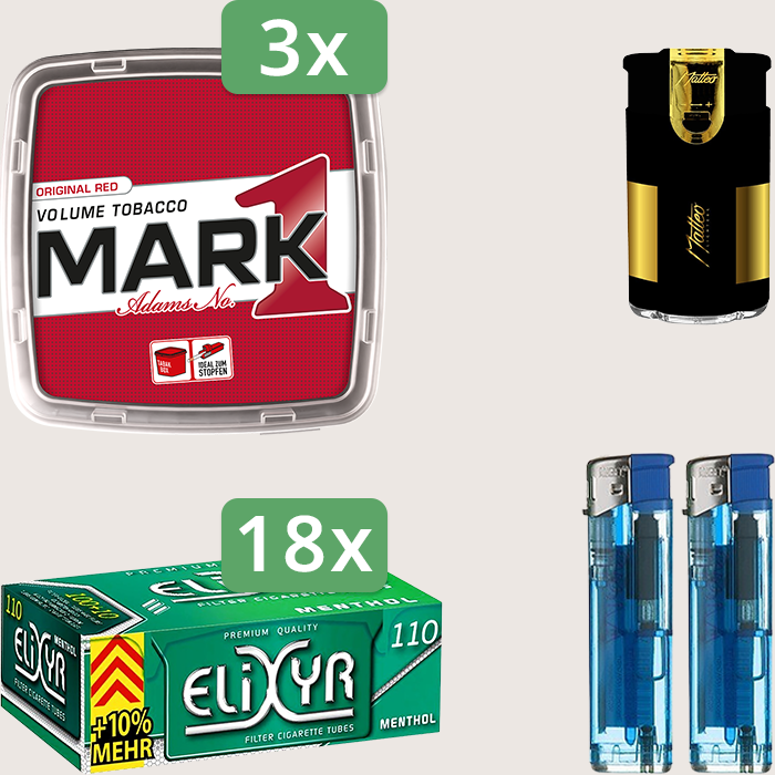Mark 1 Original Red 3 x 400 g Sparpaket mit 1.980 Elixyr Energy Plus Menthol Hülsen und Feuerzeugset