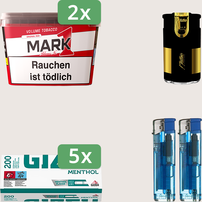 Mark 1 Original Red 2 x 255 g Sparpaket mit 1.000 Gizeh Menthol Hülsen und Feuerzeugset