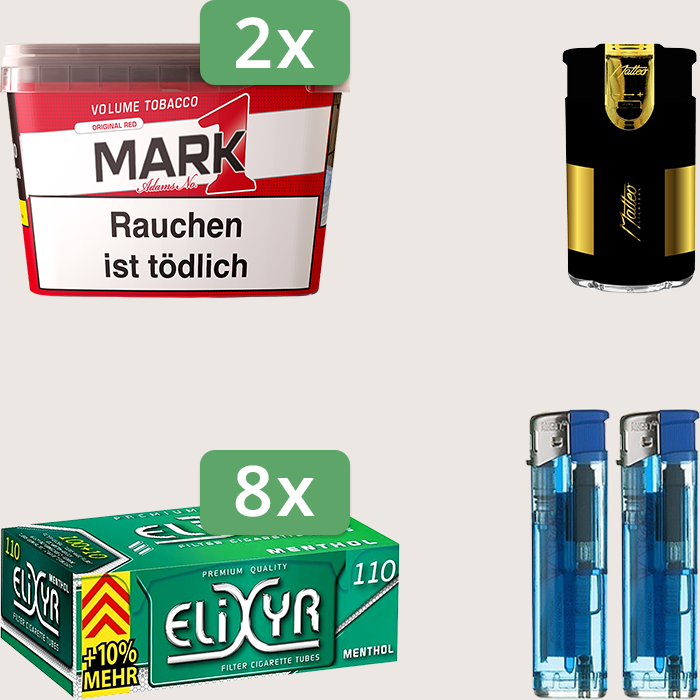 Mark 1 Original Red 2 x 255 g Sparpaket mit 880 Elixyr Energy+ Menthol Hülsen und Feuerzeugset