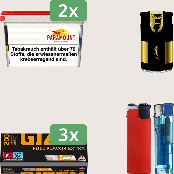 Paramount 2 x 125 g Sparpaket mit 600 Gizeh Full Flavor Extra Hülsen und Feuerzeugset