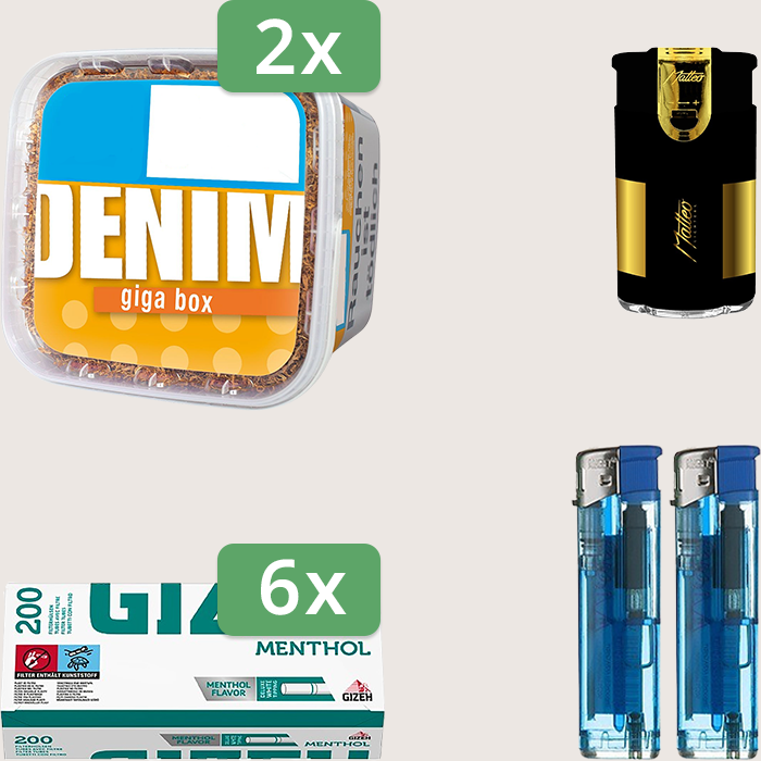 Denim Classic 2 x 315 g Sparpaket mit 1.200 Gizeh Menthol Hülsen und Feuerzeugset