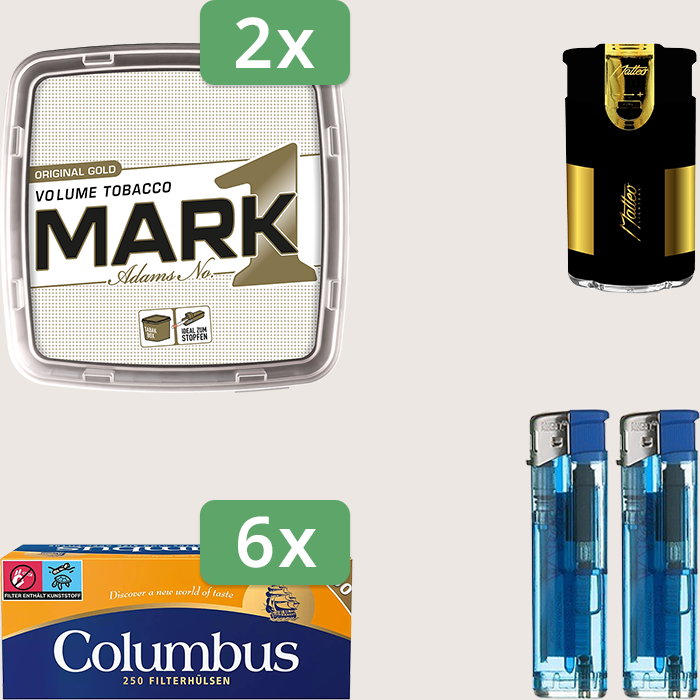 Mark 1 Gold 2 x 400 g Sparpaket mit 1.500 Columbus Hülsen und Feuerzeugset Mark 1 Gold 2 x 400 g Sparpaket mit 1.500 Columbus Hülsen und Feuerzeugset