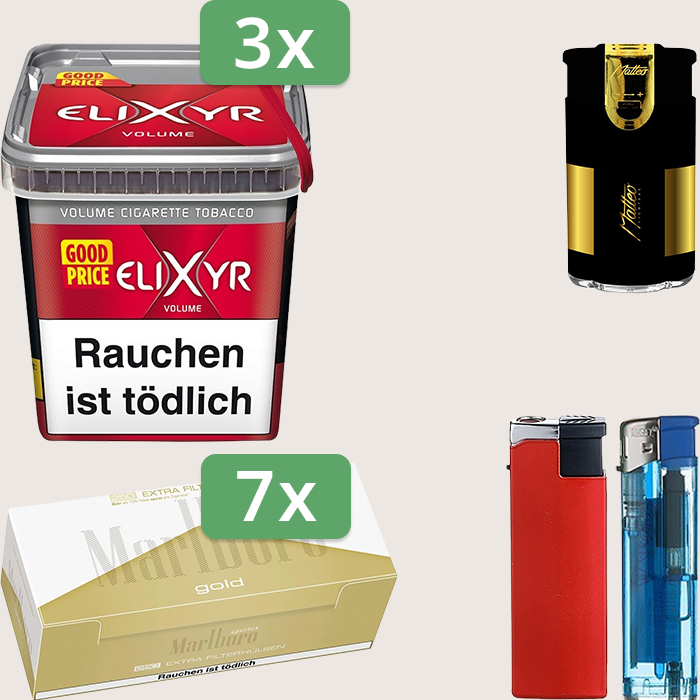 Elixyr Red 3 x 245 g Sparpaket mit 1.750 Marlboro Gold Extra Hülsen und Feuerzeugset