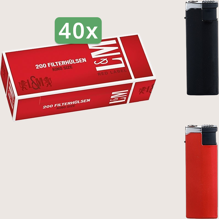 L&M Red Label Sparpaket mit 8.000 Hülsen und Feuerzeugset