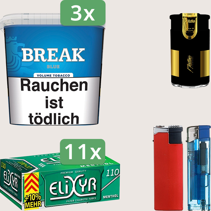 Break Blue 3 x 185 g Sparpaket mit 1.210 Energy+ Menthol Hülsen und Feuerzeugset Break Blue 3 x 185 g Sparpaket mit 1.210 Energy+ Menthol Hülsen und Feuerzeugset