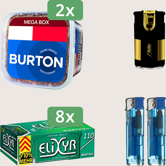 Burton Blue 2 x 250 g Sparpaket mit 880 Elixyr Energy Plus Menthol Hülsen und Feuerzeugset