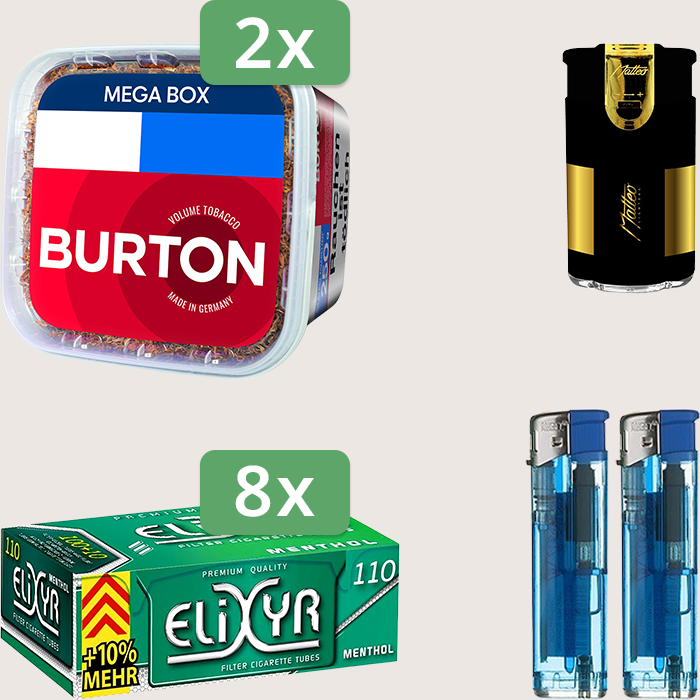Burton Full Red 2 x 270 g Sparpaket mit 880 Elixyr Energy Plus Menthol Hülsen und Feuerzeugset