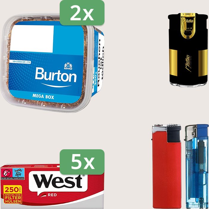 Burton Blue 2 x 270 g Sparpaket mit 1.250 West Red Special Hülsen und Feuerzeugset